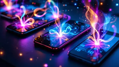 Modern smartphones on table with colorful abstract ai shapes emerging