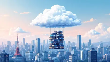 Large stack film reels digital storage cloud transfer tokyo cityscape