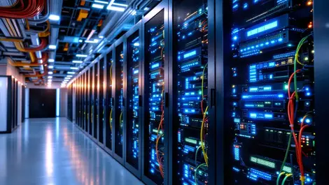 Modern data centre interior rows server racks colorful networking cables