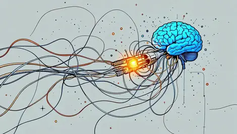 Old tangled cables connecting to modern ai brain data flow legacy telecom systems