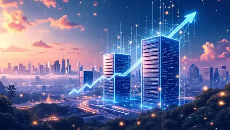 Modern data centers servers blockchain digital chains singapore skyline tech growth