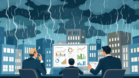 Uk office buildings stormy skies worried businesspeople climate impact graphs