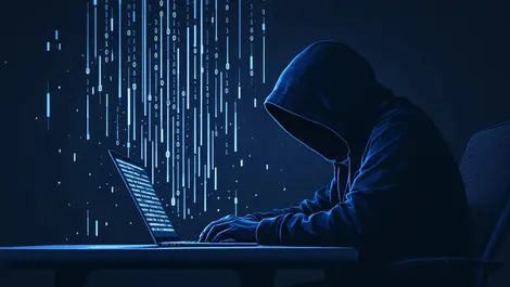 Realistic hooded figure dark room laptop binary code data theft cyber threats