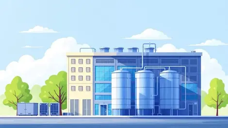 Large data centre building cylindrical tanks cooling equipment environmental protection