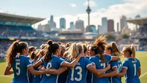 Auckland womens soccer team celebrating on field with city skyline blue white uniforms