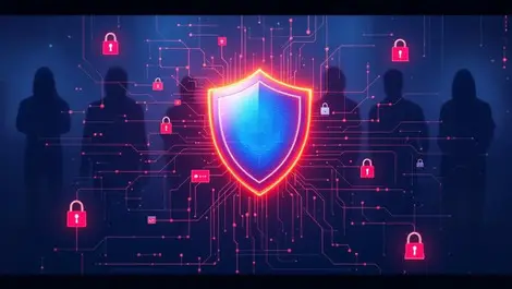 Computer shield digital locks alerts shadowy cyber threat figures modern graphic