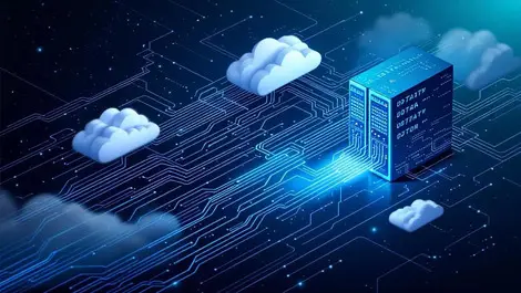 Sleek illustration digital data streams between modern data centers speed security