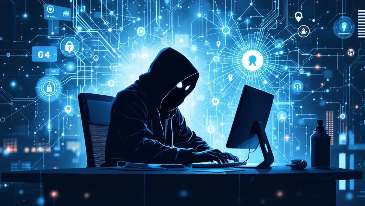 Realistic hooded figure computer digital phishing hooks ai cyber threats