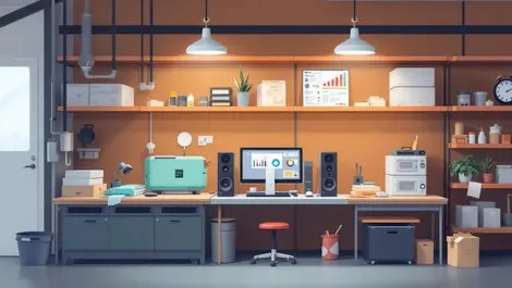 Small manufacturing workspace machines materials computer dashboard australian nz factory