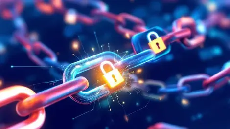 Interconnected chains digital locks cracked links weak supply chain security cyber threats