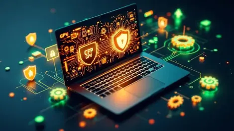 Realistic modern laptop glowing cpu gpu circuits security optimization efficiency