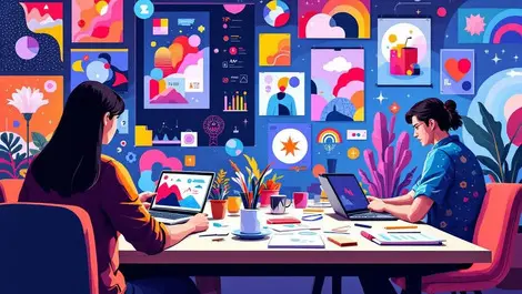 Colorful digital illustration australian creators laptops tablets creative workspace