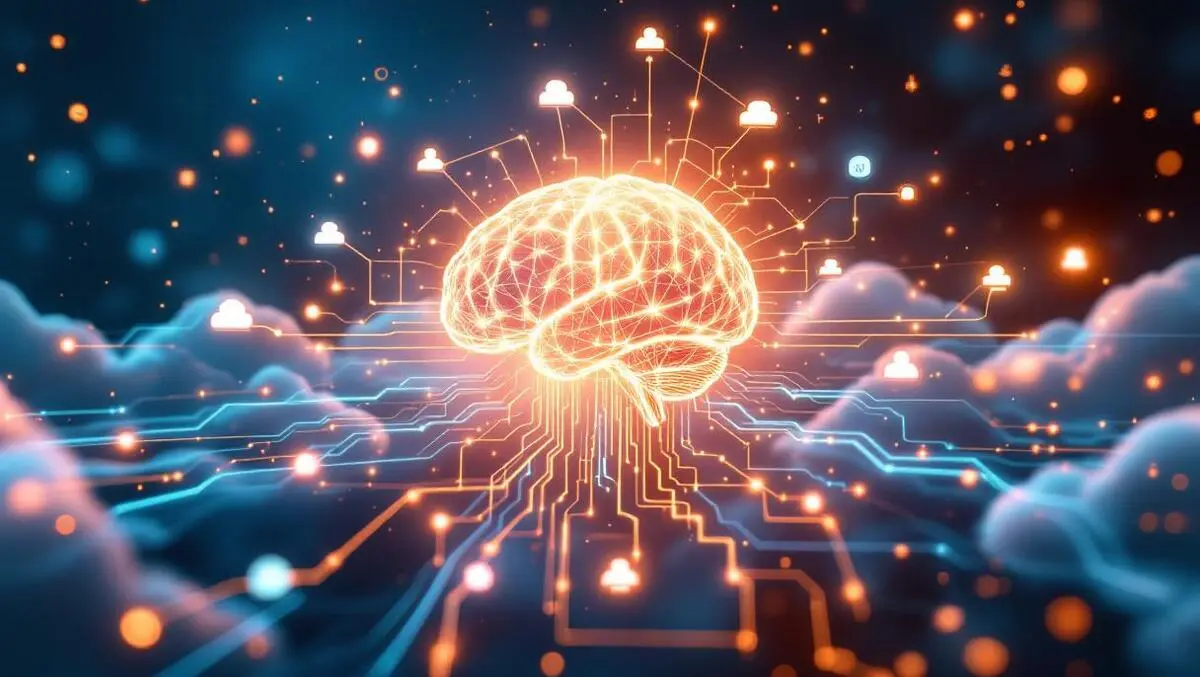 Interconnected data streams cloud icons glowing brain ai power digital nodes