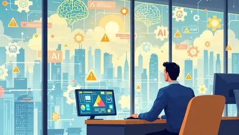 Worried businessperson modern office ai brain gears cityscape oceania challenges