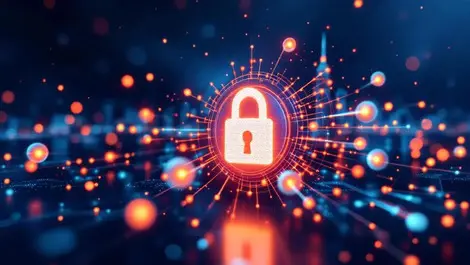 Abstract digital lock glowing particles asia pacific city quantum security