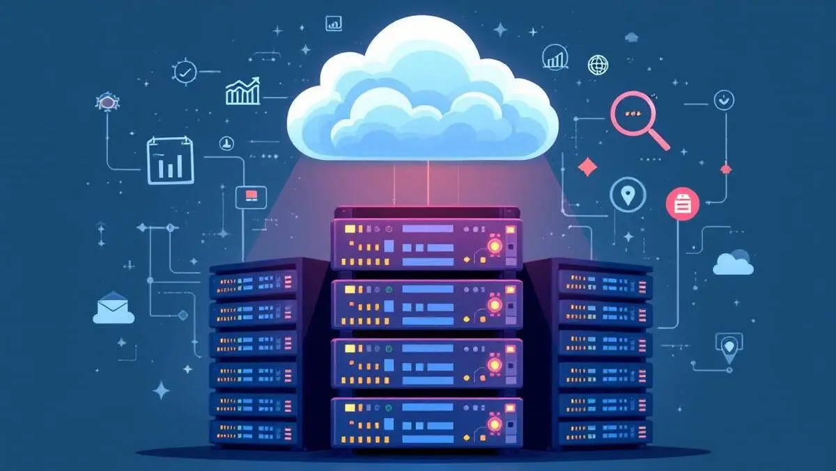 Cloud storage management server racks data analytics icons illustration