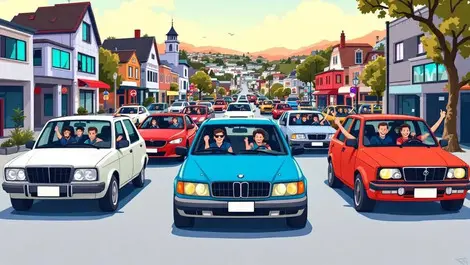 Happy drivers group raising fists new zealand cityscape local cars