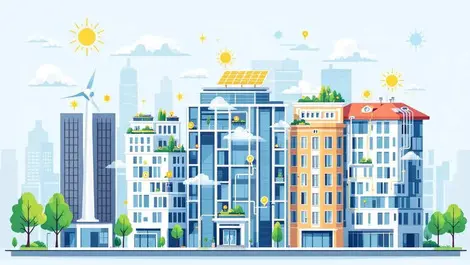 Modern buildings energy flow diagrams solar panels efficient hvac systems real estate education healthcare optimization