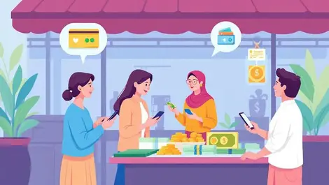 Southeast asian market traditional attire digital wallet payment illustration