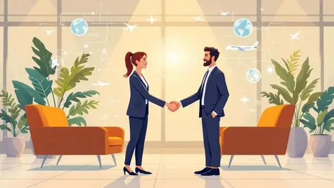 Business professionals ai handshake airport lounge airplanes globe motifs