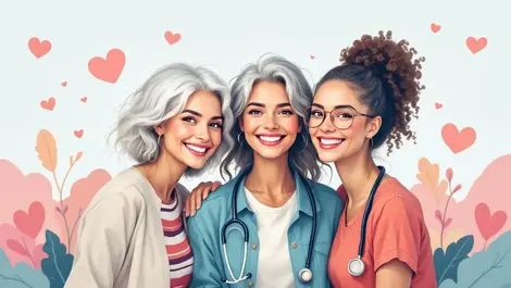 Realistic illustration confident women varying ages smiling healthcare symbols wellness