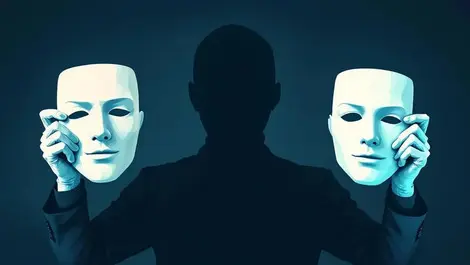 Realistic illustration two hands holding human face masks shadowy figures manipulating deception ai deepfakes business consumer fraud