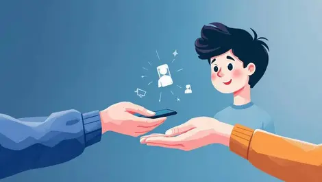Young canadian person receiving new smartphone from supportive hand connection