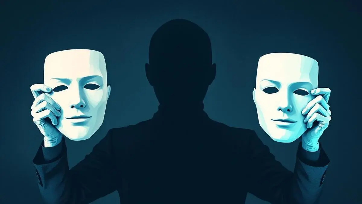 Realistic illustration two hands holding human face masks shadowy figures manipulating deception ai deepfakes business consumer fraud