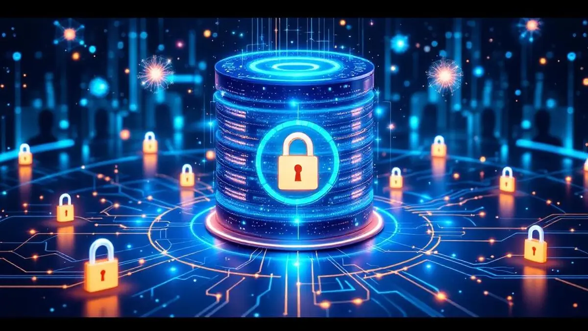 Secure data center glowing digital locks quantum particles ai technology