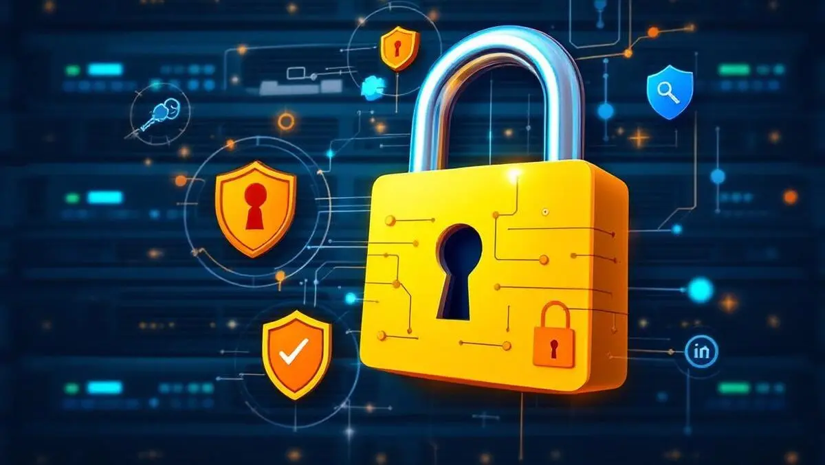 Detailed padlock illustration with digital keys shields on server racks it security