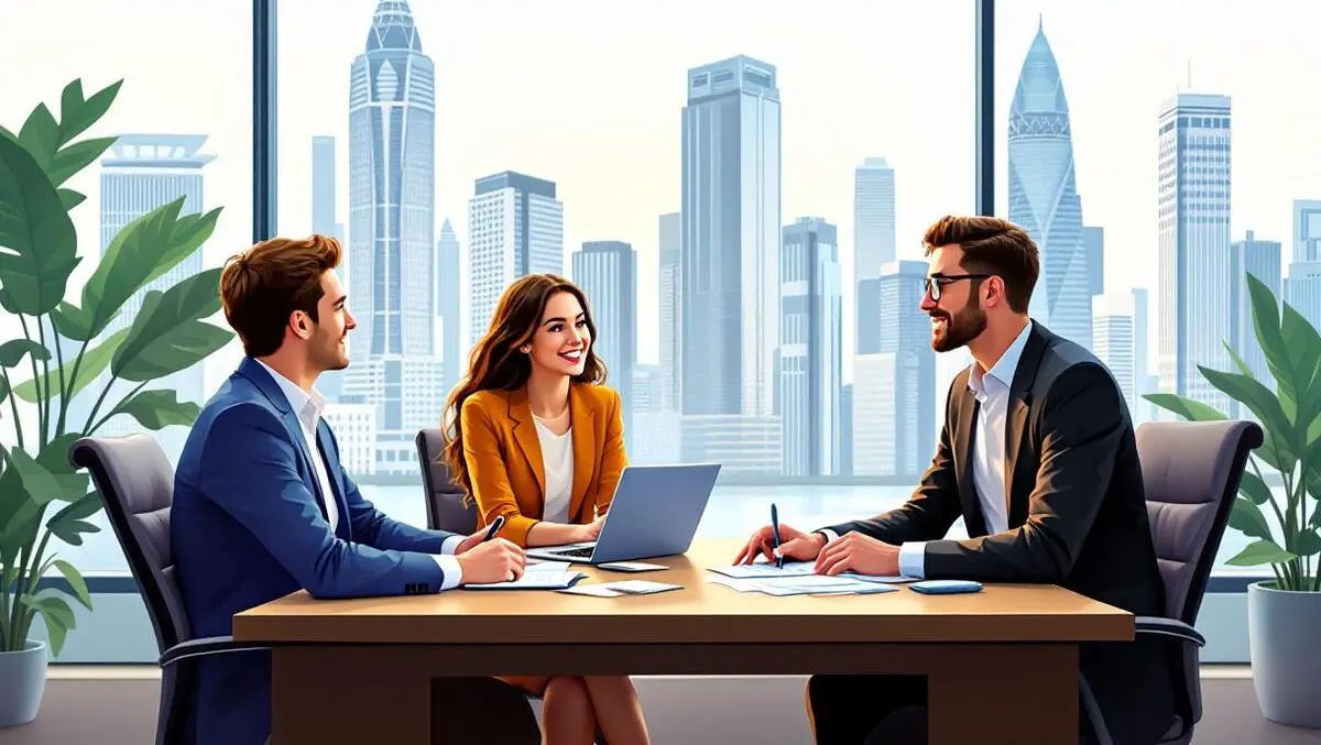 Professional lawyer meeting young tech entrepreneurs modern singapore cityscape