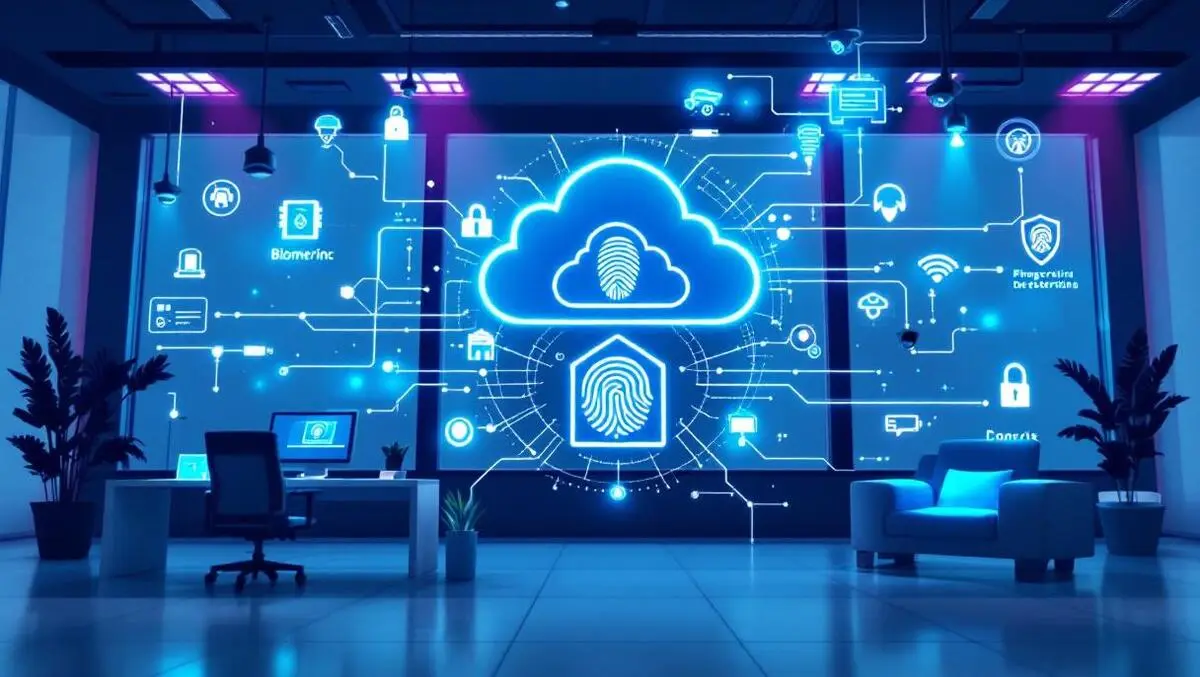 Modern security technology biometric fingerprint scanners surveillance cameras cloud symbols