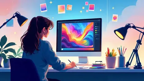 Digital artist working at desk with colorful digital artwork and tools