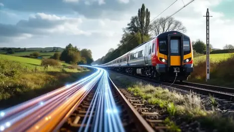 Fibre optic cables railway track train passing british countryside great western main line