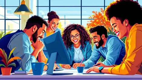 Group people collaborating computers digital devices teamwork inclusion modern workspace