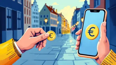 Hands exchanging coin smartphone euro symbol european cityscape offline digital payments