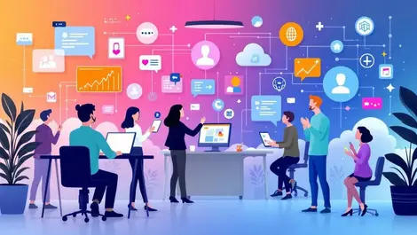 Busy customer service center digital interfaces messaging ai data clouds modern illustration