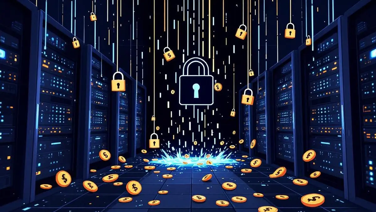 Dark server room digital locks breaking data streams korean won currency graphic