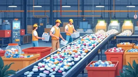 Modern british recycling facility workers sorting plastic packaging conveyor belts uv scanners