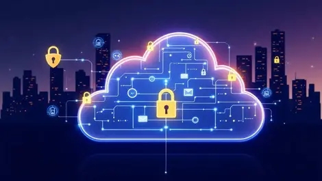Realistic cloud servers interconnected digital locks shields cityscape cybersecurity