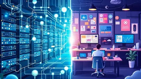 Telecommunications network hub interconnected cables servers vs modern tech office developers ai observability