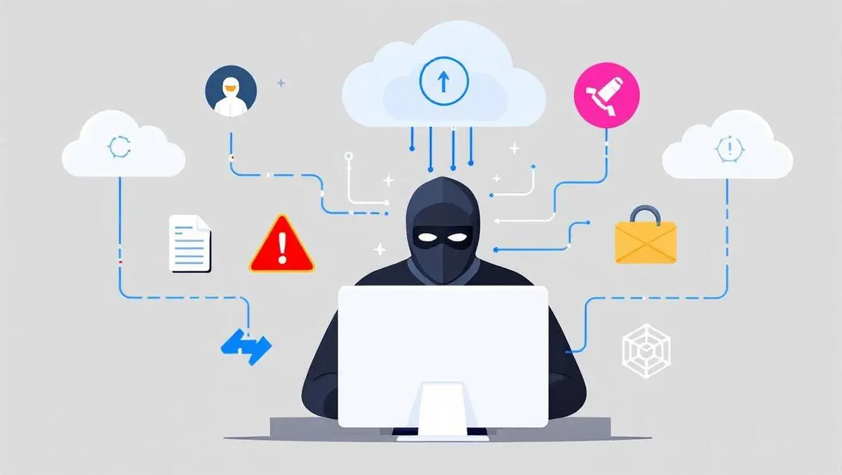 Masked hacker breaking into digital network data cloud security breach