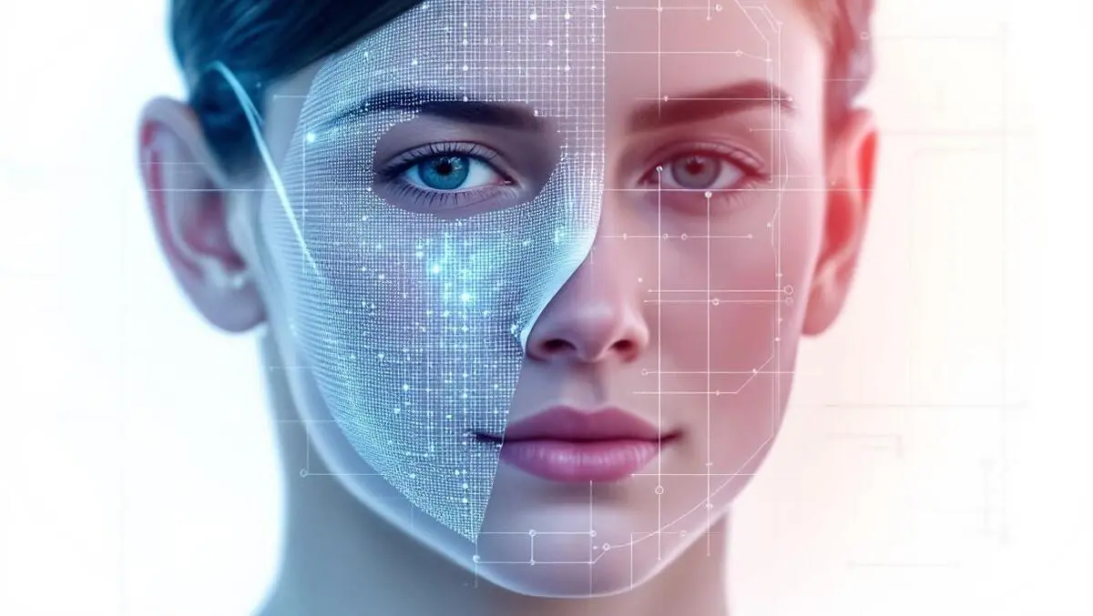 Realistic human face facial recognition digital grid mask peeling