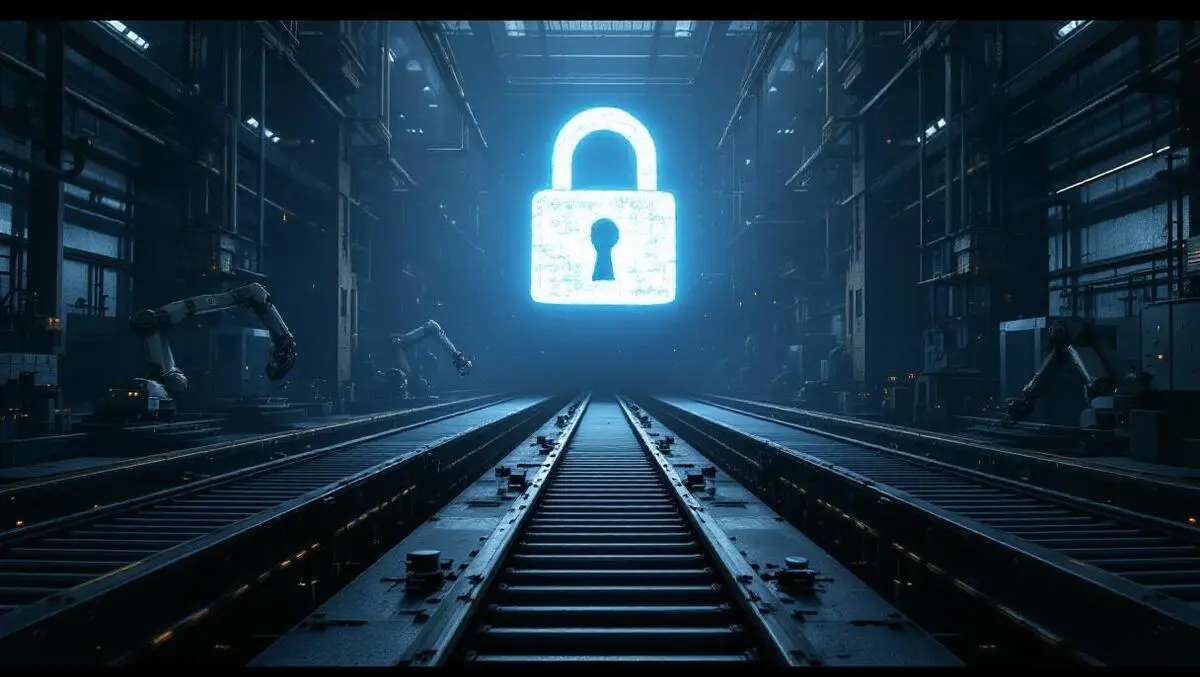 Ransomware shutdown dark factory idle robots conveyors padlock scene