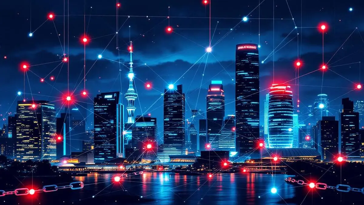 Singapore night skyline chains blue red cyber risk network