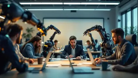 Stressed office workers robots doing tasks empty training room background