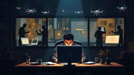 Ai cyber espionage ransomware small business office night scene