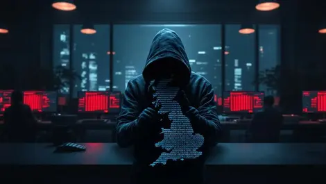 Cinematic uk office night ai cyber attack hooded binary figure