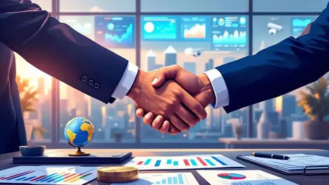 Global security company acquisition handshake in modern office