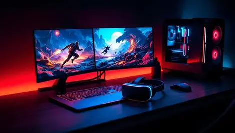 Dual screen gaming laptop ar headset rgb desk realistic photo